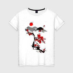 Женская футболка хлопок с принтом Рисунок Сакура , 100% хлопок | прямой крой, круглый вырез горловины, длина до линии бедер, слегка спущенное плечо | горы | красный | пейзаж | рисунок | цветы | япония | японский стиль