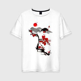 Женская футболка хлопок Oversize с принтом Рисунок Сакура , 100% хлопок | свободный крой, круглый ворот, спущенный рукав, длина до линии бедер
 | горы | красный | пейзаж | рисунок | цветы | япония | японский стиль