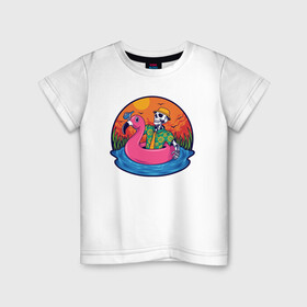 Детская футболка хлопок с принтом Скелет в надувном Фламинго , 100% хлопок | круглый вырез горловины, полуприлегающий силуэт, длина до линии бедер | Тематика изображения на принте: закат | купание | лето | отдых | пляж | скелет | туризм | фламинго