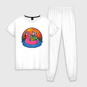 Женская пижама хлопок с принтом Скелет в надувном Фламинго , 100% хлопок | брюки и футболка прямого кроя, без карманов, на брюках мягкая резинка на поясе и по низу штанин | закат | купание | лето | отдых | пляж | скелет | туризм | фламинго