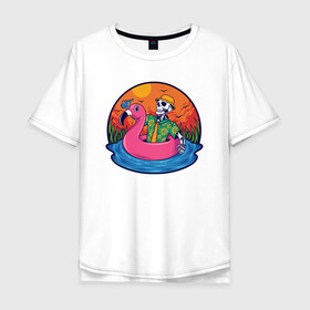 Мужская футболка хлопок Oversize с принтом Скелет в надувном Фламинго , 100% хлопок | свободный крой, круглый ворот, “спинка” длиннее передней части | закат | купание | лето | отдых | пляж | скелет | туризм | фламинго