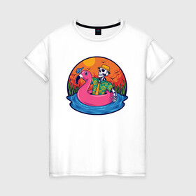 Женская футболка хлопок с принтом Скелет в надувном Фламинго , 100% хлопок | прямой крой, круглый вырез горловины, длина до линии бедер, слегка спущенное плечо | закат | купание | лето | отдых | пляж | скелет | туризм | фламинго