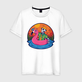 Мужская футболка хлопок с принтом Скелет в надувном Фламинго , 100% хлопок | прямой крой, круглый вырез горловины, длина до линии бедер, слегка спущенное плечо. | закат | купание | лето | отдых | пляж | скелет | туризм | фламинго