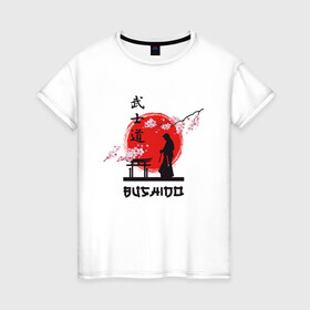 Женская футболка хлопок с принтом Самурай и сакура , 100% хлопок | прямой крой, круглый вырез горловины, длина до линии бедер, слегка спущенное плечо | busido | japan | kamikadze | nippon | samurai | бусидо | воин | единоборства | камикадзе | ниппон | путь война | сакура | самурай | хагакурэ | япония