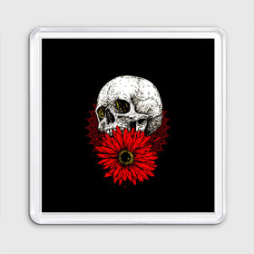 Магнит 55*55 с принтом Череп и Красный Цветок Skull , Пластик | Размер: 65*65 мм; Размер печати: 55*55 мм | flowers | head | skulls | букет | голова | животные | кости | мозги | паттерн | полосы | природа | розы | скелет | текстура | узор | флора | хо | цветы | черепа | черный | яркий