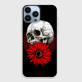 Чехол для iPhone 13 Pro Max с принтом Череп и Красный Цветок | Skull ,  |  | Тематика изображения на принте: flowers | head | skulls | букет | голова | животные | кости | мозги | паттерн | полосы | природа | розы | скелет | текстура | узор | флора | хо | цветы | черепа | черный | яркий