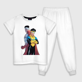 Детская пижама хлопок с принтом Неуязвимый (Invincible) , 100% хлопок |  брюки и футболка прямого кроя, без карманов, на брюках мягкая резинка на поясе и по низу штанин
 | Тематика изображения на принте: damien darkblood | invincible | superman | марк грэйсон | мультсериал | неуязвимый | супергерой