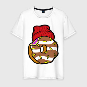 Мужская футболка хлопок с принтом Донатос , 100% хлопок | прямой крой, круглый вырез горловины, длина до линии бедер, слегка спущенное плечо. | donut | еда | кондитер | крутой | шапка