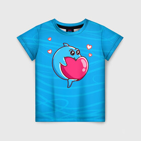 Детская футболка 3D с принтом Дельфин с сердечком , 100% гипоаллергенный полиэфир | прямой крой, круглый вырез горловины, длина до линии бедер, чуть спущенное плечо, ткань немного тянется | dolphin | дельфин | дельфинчик | море | морские | на голубом | с дельфином | с сердцем | сердечко