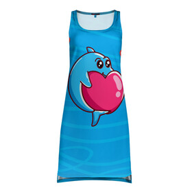 Платье-майка 3D с принтом Дельфин с сердечком , 100% полиэстер | полуприлегающий силуэт, широкие бретели, круглый вырез горловины, удлиненный подол сзади. | dolphin | дельфин | дельфинчик | море | морские | на голубом | с дельфином | с сердцем | сердечко