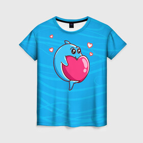 Женская футболка 3D с принтом Дельфин с сердечком , 100% полиэфир ( синтетическое хлопкоподобное полотно) | прямой крой, круглый вырез горловины, длина до линии бедер | dolphin | дельфин | дельфинчик | море | морские | на голубом | с дельфином | с сердцем | сердечко