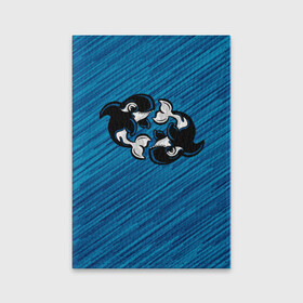 Обложка для паспорта матовая кожа с принтом Две косатки , натуральная матовая кожа | размер 19,3 х 13,7 см; прозрачные пластиковые крепления | Тематика изображения на принте: whale | кит | косатка | косатки | на синем | с косатками