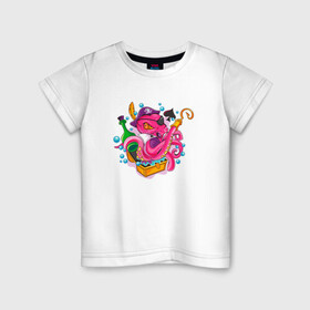 Детская футболка хлопок с принтом Осьминог пират , 100% хлопок | круглый вырез горловины, полуприлегающий силуэт, длина до линии бедер | cute | octopus | pirat | кракен | осьминог | осьминожка | пират | щупальца