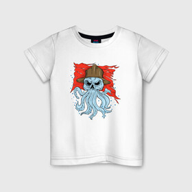 Детская футболка хлопок с принтом Осьминог в каске , 100% хлопок | круглый вырез горловины, полуприлегающий силуэт, длина до линии бедер | Тематика изображения на принте: cute | octopus | pirat | в каске | кракен | осьминог | осьминожка | пират | скелет | череп | щупальца
