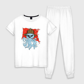 Женская пижама хлопок с принтом Осьминог в каске , 100% хлопок | брюки и футболка прямого кроя, без карманов, на брюках мягкая резинка на поясе и по низу штанин | cute | octopus | pirat | в каске | кракен | осьминог | осьминожка | пират | скелет | череп | щупальца