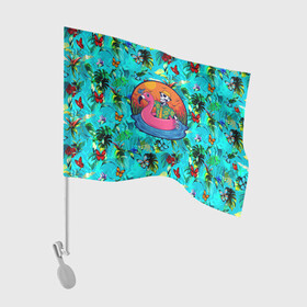 Флаг для автомобиля с принтом Скелет в надувном Фламинго , 100% полиэстер | Размер: 30*21 см | закат | купание | лето | отдых | пляж | скелет | туризм | фламинго
