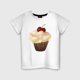 Детская футболка хлопок с принтом Cupcake with cherry art , 100% хлопок | круглый вырез горловины, полуприлегающий силуэт, длина до линии бедер | art | cherry | cooking | cupcake | vypichka | yummy | арт | вишня | вкусняшка | выпичка | кекс | кулинария