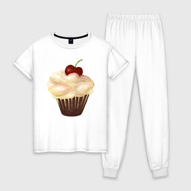 Женская пижама хлопок с принтом Cupcake with cherry art , 100% хлопок | брюки и футболка прямого кроя, без карманов, на брюках мягкая резинка на поясе и по низу штанин | Тематика изображения на принте: art | cherry | cooking | cupcake | vypichka | yummy | арт | вишня | вкусняшка | выпичка | кекс | кулинария