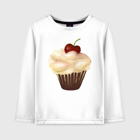 Детский лонгслив хлопок с принтом Cupcake with cherry art , 100% хлопок | круглый вырез горловины, полуприлегающий силуэт, длина до линии бедер | art | cherry | cooking | cupcake | vypichka | yummy | арт | вишня | вкусняшка | выпичка | кекс | кулинария