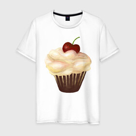 Мужская футболка хлопок с принтом Cupcake with cherry art , 100% хлопок | прямой крой, круглый вырез горловины, длина до линии бедер, слегка спущенное плечо. | art | cherry | cooking | cupcake | vypichka | yummy | арт | вишня | вкусняшка | выпичка | кекс | кулинария