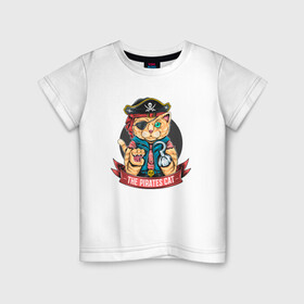 Детская футболка хлопок с принтом Кот пират , 100% хлопок | круглый вырез горловины, полуприлегающий силуэт, длина до линии бедер | captain | cat | pirate | pirates | skull | капитан | кот | пират | череп