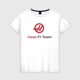 Женская футболка хлопок с принтом Haas F1 Team , 100% хлопок | прямой крой, круглый вырез горловины, длина до линии бедер, слегка спущенное плечо | Тематика изображения на принте: f1 | haas | грожан | магнуссен | мазепин | ф1 | феррари | формула 1 | хаас