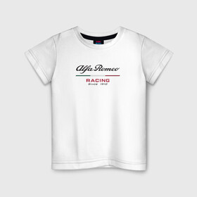 Детская футболка хлопок с принтом Alfa Romeo F1 Team , 100% хлопок | круглый вырез горловины, полуприлегающий силуэт, длина до линии бедер | alfa romeo | f1 | formula 1 | team | альфе ромео | антонио джовинации | кими райкконен | логотип | ф1 | формула 1