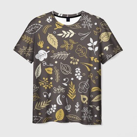 Мужская футболка 3D с принтом Осенние листья и ягоды , 100% полиэфир | прямой крой, круглый вырез горловины, длина до линии бедер | бежевый | желтый | коричневый | листья | осень | ягоды