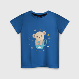 Детская футболка хлопок с принтом Мишка в синей чашке , 100% хлопок | круглый вырез горловины, полуприлегающий силуэт, длина до линии бедер | Тематика изображения на принте: медвежонок | мишка | синий | чашка