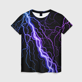 Женская футболка 3D с принтом НЕОНОВАЯ МОЛНИЯ  ГРОЗА , 100% полиэфир ( синтетическое хлопкоподобное полотно) | прямой крой, круглый вырез горловины, длина до линии бедер | neon | tegunvteg | гремит | гроза | молния | небо | неон | ночь | сверкает