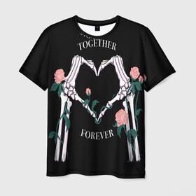 Мужская футболка 3D с принтом Вместе навсегда/together forever , 100% полиэфир | прямой крой, круглый вырез горловины, длина до линии бедер | bones | flowers | forever | heart | love | кости | любовь | навсегда | сердечко | цветы