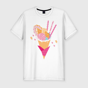 Мужская футболка хлопок Slim с принтом Кавай , 92% хлопок, 8% лайкра | приталенный силуэт, круглый вырез ворота, длина до линии бедра, короткий рукав | Тематика изображения на принте: cats | ice cream | japan | kawai | sweets | кавай | коты | мороженное | сладости | япония