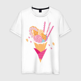Мужская футболка хлопок с принтом Кавай , 100% хлопок | прямой крой, круглый вырез горловины, длина до линии бедер, слегка спущенное плечо. | cats | ice cream | japan | kawai | sweets | кавай | коты | мороженное | сладости | япония
