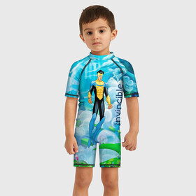 Детский купальный костюм 3D с принтом Неуязвимый (Invincible) , Полиэстер 85%, Спандекс 15% | застежка на молнии на спине | damien darkblood | invincible | superman | марк грэйсон | мультсериал | неуязвимый | супергерой