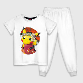 Детская пижама хлопок с принтом Пикачу гейша , 100% хлопок |  брюки и футболка прямого кроя, без карманов, на брюках мягкая резинка на поясе и по низу штанин
 | anime | picachu | pikachu | аниме | милый | пика | пикачу | покебол | покемон
