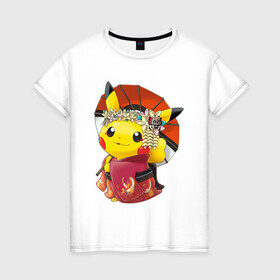 Женская футболка хлопок с принтом Пикачу гейша , 100% хлопок | прямой крой, круглый вырез горловины, длина до линии бедер, слегка спущенное плечо | anime | picachu | pikachu | аниме | милый | пика | пикачу | покебол | покемон