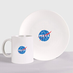 Набор: тарелка + кружка с принтом NASA Pizza , керамика | Кружка: объем — 330 мл, диаметр — 80 мм. Принт наносится на бока кружки, можно сделать два разных изображения. 
Тарелка: диаметр - 210 мм, диаметр для нанесения принта - 120 мм. | mars | moon | nasa | астероид | астронавт | астрономия | вселенная | гагарин | галактика | земля | илон | комета | космонавт | космос | луна | марс | маск | наса | небо | нло | пицца | планета | пришелец | ракета