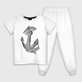 Детская пижама хлопок с принтом Sharks around the anchor , 100% хлопок |  брюки и футболка прямого кроя, без карманов, на брюках мягкая резинка на поясе и по низу штанин
 | fish | sea | shark | акула | море | плавники | под водой | рыба | якорь