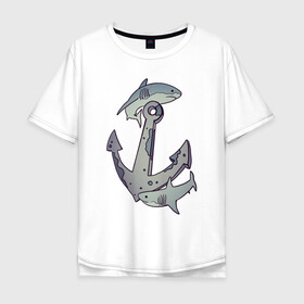 Мужская футболка хлопок Oversize с принтом Sharks around the anchor , 100% хлопок | свободный крой, круглый ворот, “спинка” длиннее передней части | fish | sea | shark | акула | море | плавники | под водой | рыба | якорь