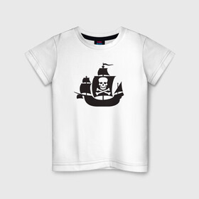 Детская футболка хлопок с принтом Пиратский корабль , 100% хлопок | круглый вырез горловины, полуприлегающий силуэт, длина до линии бедер | Тематика изображения на принте: captain | pirate | pirates | ship | skull | капитан | корабль | пират | череп | штурвал