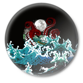 Значок с принтом Корабль на Волнах | Кракен ,  металл | круглая форма, металлическая застежка в виде булавки | animal | beast | kraken | monster | moon | ocean | octopus | sea | ship | water | waves | вода | волны | животные | звери | корабль | кракен | луна | монстр | море | океан | осьминог | рыбы | щупальца