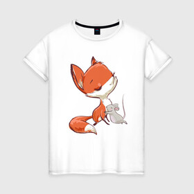 Женская футболка хлопок с принтом Лисичка и мышка , 100% хлопок | прямой крой, круглый вырез горловины, длина до линии бедер, слегка спущенное плечо | fox | foxy | животное | звери | лиса | лисенок | лисичка | милая | рыжая | фокс