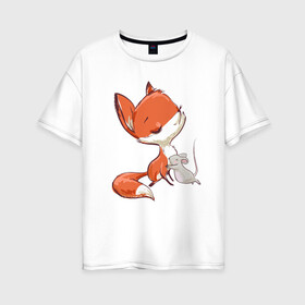 Женская футболка хлопок Oversize с принтом Лисичка и мышка , 100% хлопок | свободный крой, круглый ворот, спущенный рукав, длина до линии бедер
 | fox | foxy | животное | звери | лиса | лисенок | лисичка | милая | рыжая | фокс