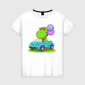 Женская футболка хлопок с принтом Динозаврик в машине , 100% хлопок | прямой крой, круглый вырез горловины, длина до линии бедер, слегка спущенное плечо | день рождения | детский | дино | динозаврик | машинка | праздник | шарики