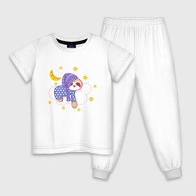 Детская пижама хлопок с принтом Сонный ленивец , 100% хлопок |  брюки и футболка прямого кроя, без карманов, на брюках мягкая резинка на поясе и по низу штанин
 | звездочки | ленивец | лень | луна | месяц | ночная | ночь | сон | сонный | спокойной ночи