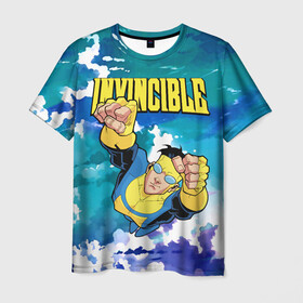 Мужская футболка 3D с принтом Invincible Mark Grayson , 100% полиэфир | прямой крой, круглый вырез горловины, длина до линии бедер | invincible | mark grayson | летит | марк грейсон | мультсериал | небо | неуязвимый | облака | супергерой