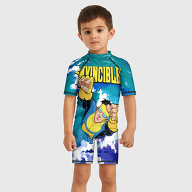 Детский купальный костюм 3D с принтом Invincible Mark Grayson , Полиэстер 85%, Спандекс 15% | застежка на молнии на спине | invincible | mark grayson | летит | марк грейсон | мультсериал | небо | неуязвимый | облака | супергерой