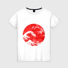Женская футболка хлопок с принтом Волна в Канагаве , 100% хлопок | прямой крой, круглый вырез горловины, длина до линии бедер, слегка спущенное плечо | аниме | бамбук | большая волна в канагаве | волна | красный | солнце | япония