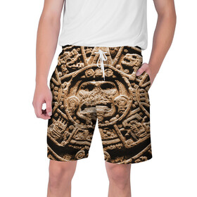 Мужские шорты 3D с принтом Ацтекский Календарь ,  полиэстер 100% | прямой крой, два кармана без застежек по бокам. Мягкая трикотажная резинка на поясе, внутри которой широкие завязки. Длина чуть выше колен | aztec | calendar | ацтеки | календарь | майя
