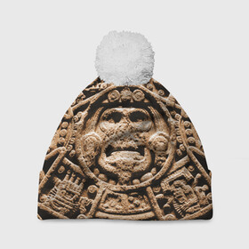 Шапка 3D c помпоном с принтом Ацтекский Календарь , 100% полиэстер | универсальный размер, печать по всей поверхности изделия | Тематика изображения на принте: aztec | calendar | ацтеки | календарь | майя